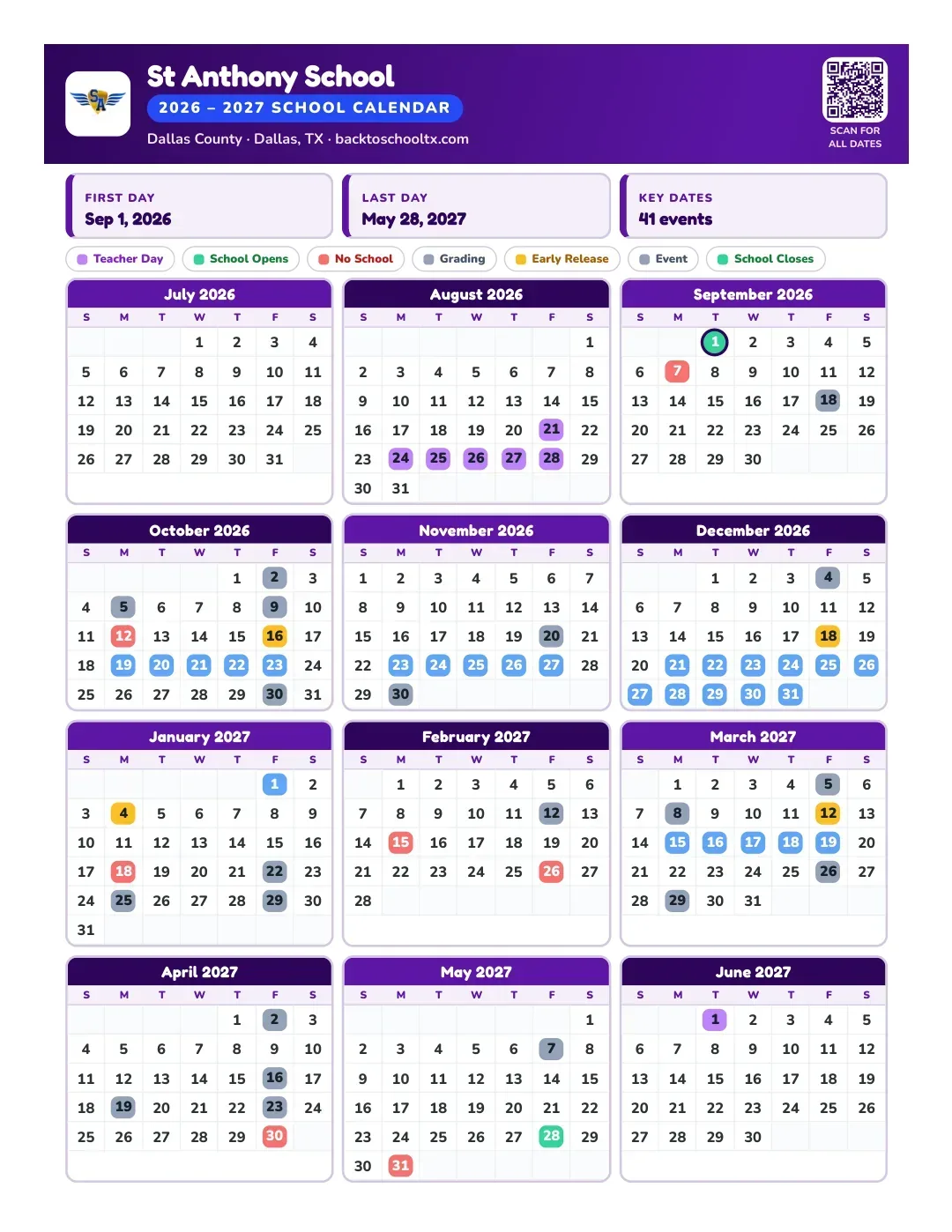 St Anthony School Calendar for the Year 26-27