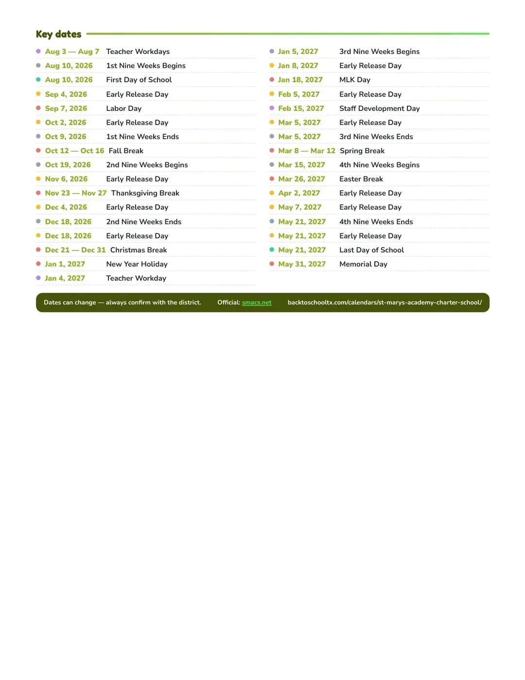 St Mary's Academy Charter School Calendar for the Year 26-27 — key dates