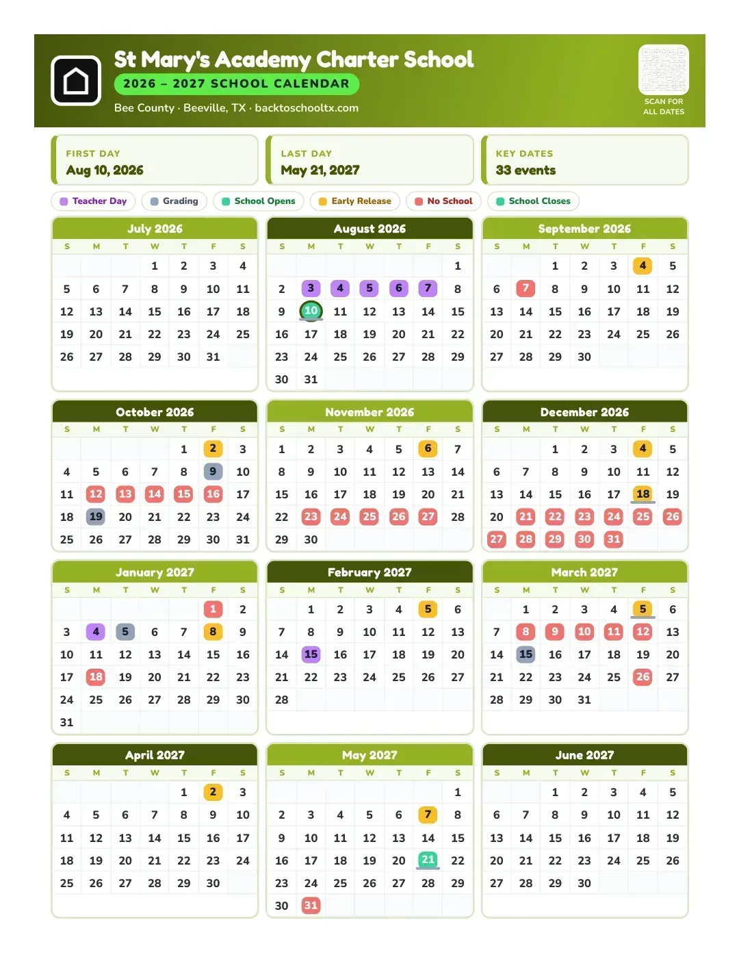 St Mary's Academy Charter School Calendar for the Year 26-27