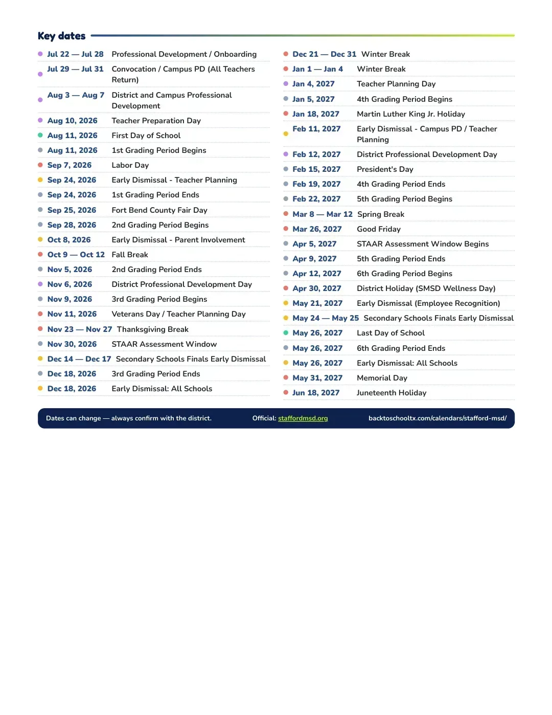 Stafford MSD Calendar for the Year 26-27 — key dates
