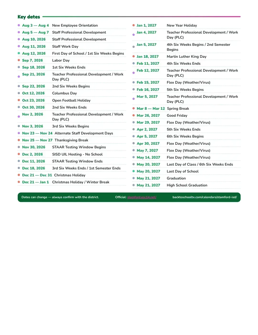 Stamford ISD Calendar for the Year 26-27 — key dates