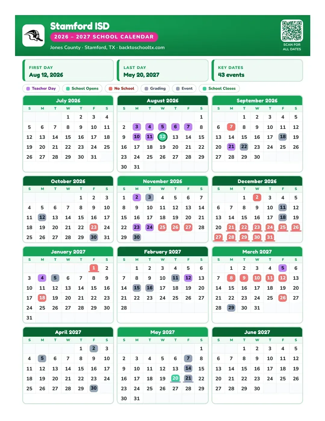 Stamford ISD Calendar for the Year 26-27