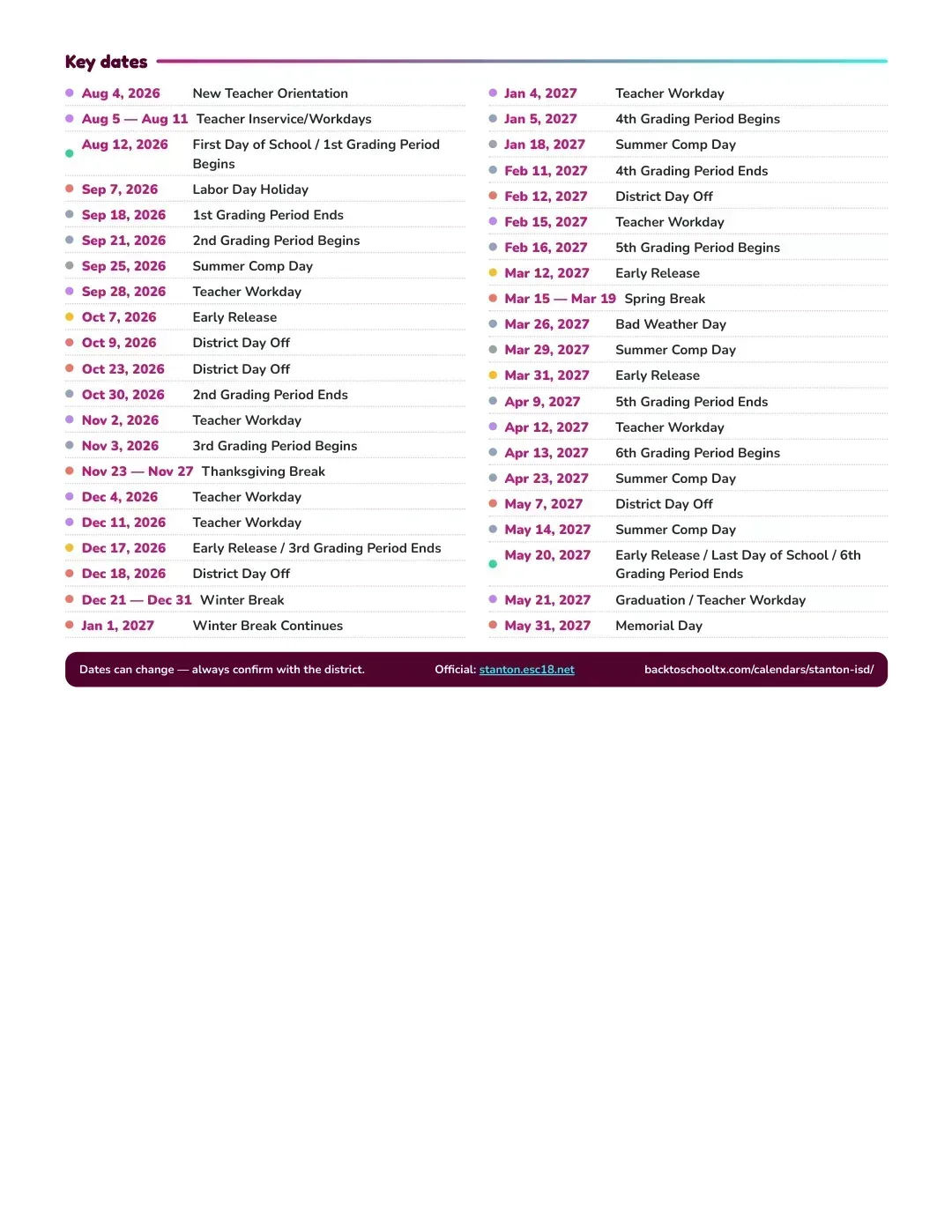 Stanton ISD Calendar for the Year 26-27 — key dates