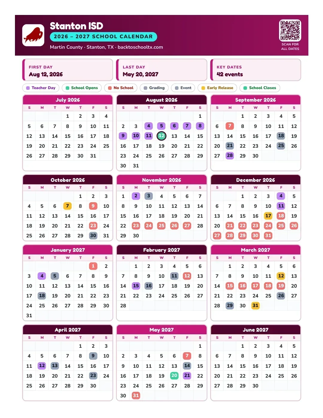 Stanton ISD Calendar for the Year 26-27