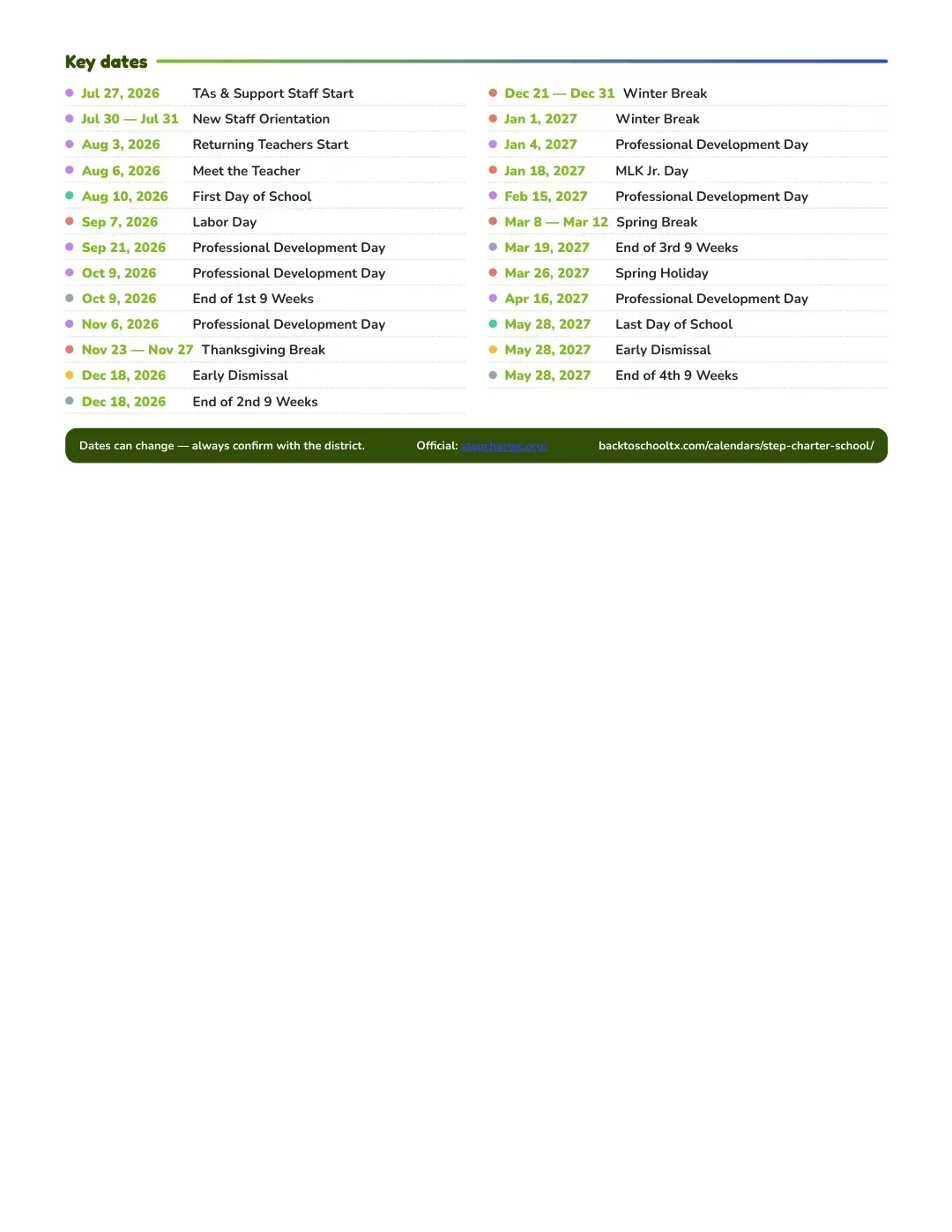 Step Charter School Calendar for the Year 26-27 — key dates