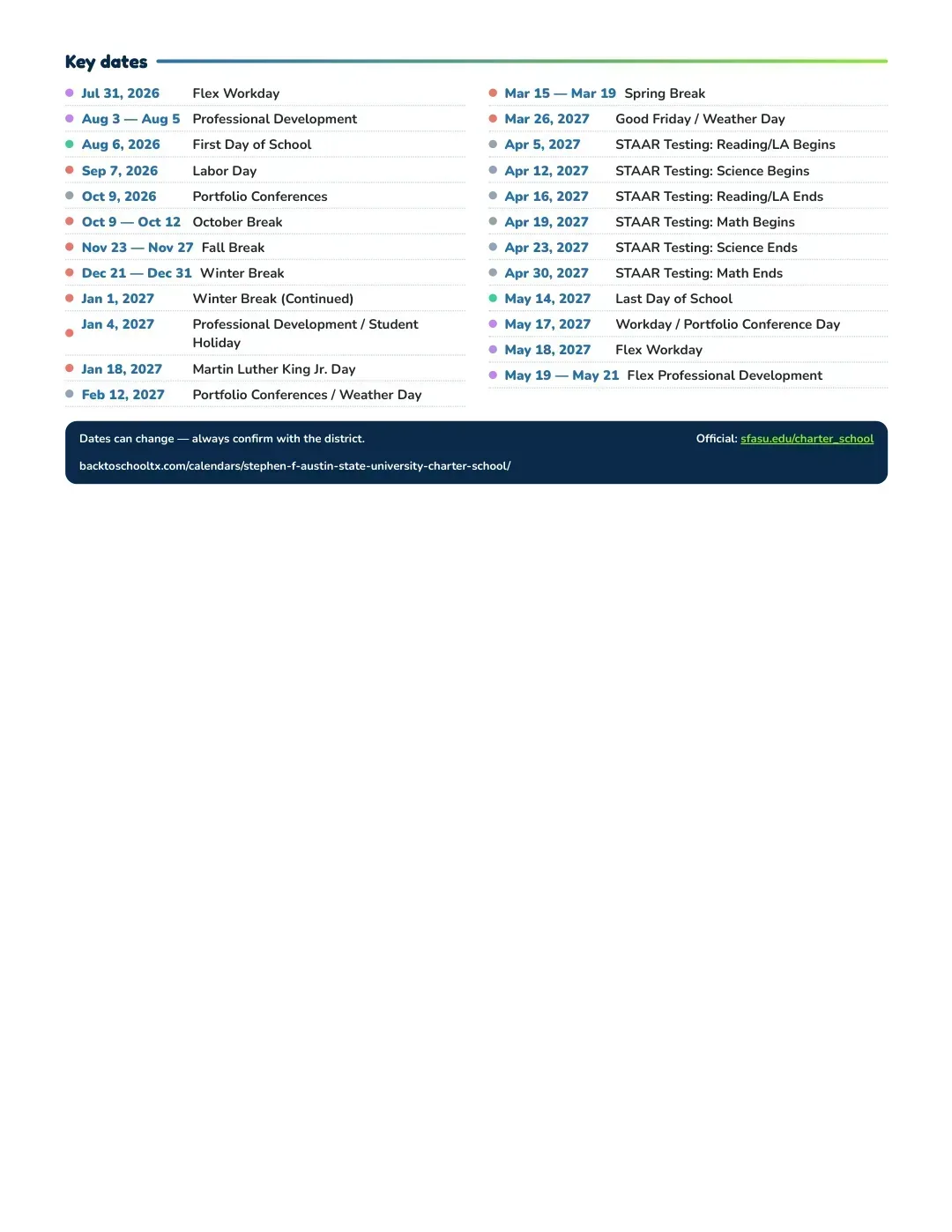 Stephen F Austin State University Charter School Calendar for the Year 26-27 — key dates