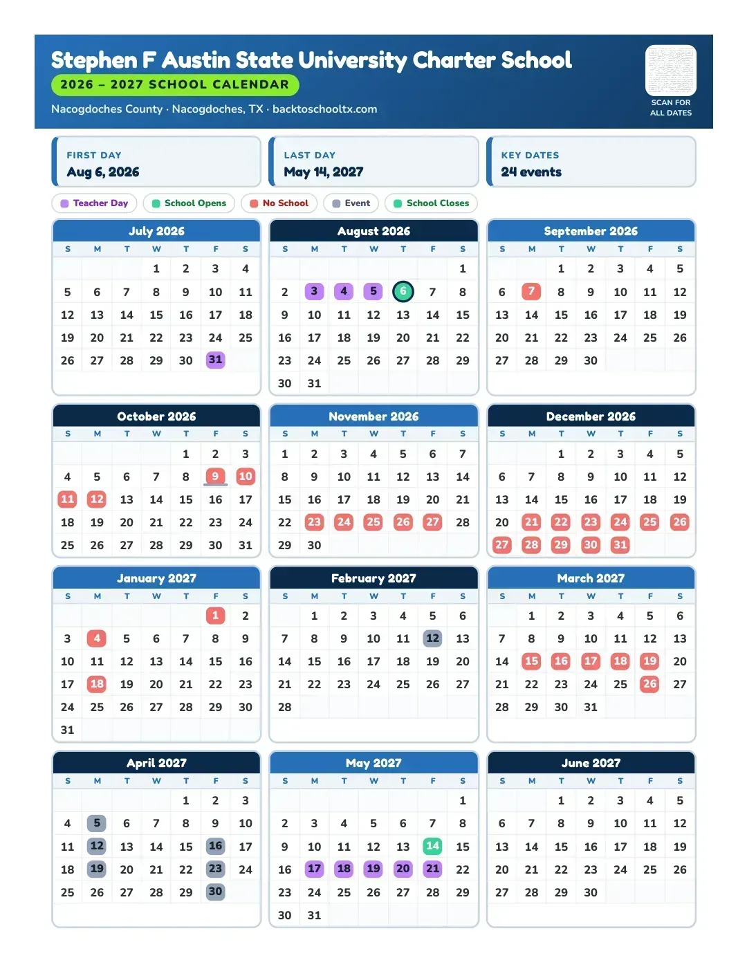 Stephen F Austin State University Charter School Calendar for the Year 26-27