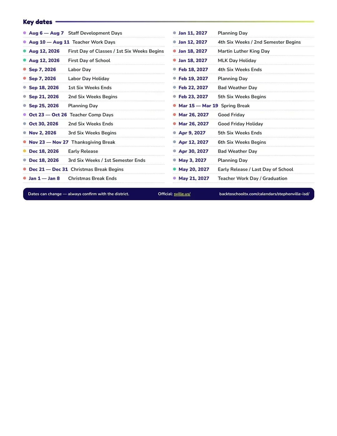 Stephenville ISD Calendar for the Year 26-27 — key dates