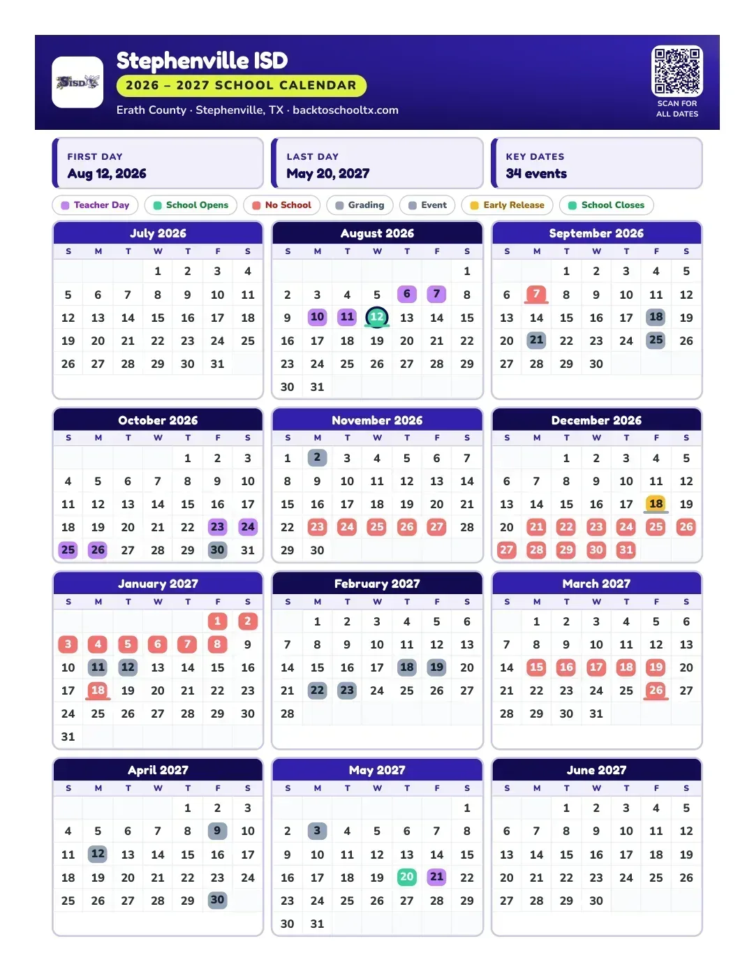 Stephenville ISD Calendar for the Year 26-27