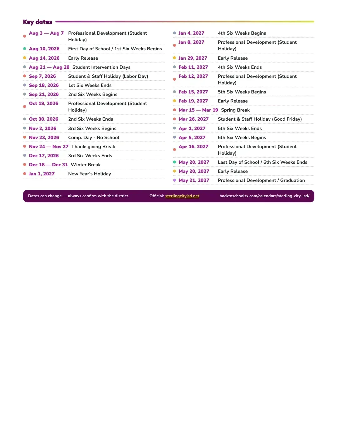 Sterling City ISD Calendar for the Year 26-27 — key dates