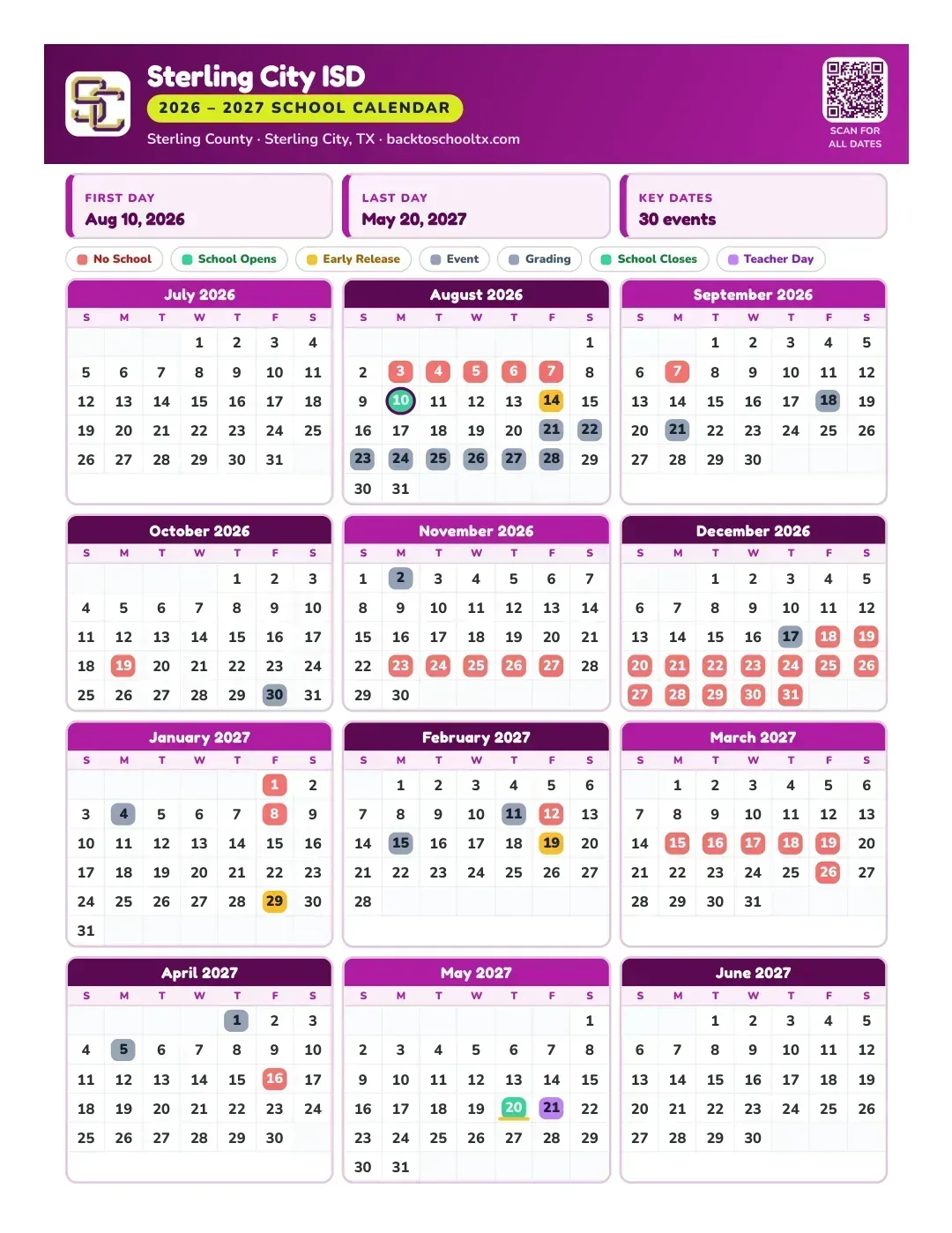 Sterling City ISD Calendar for the Year 26-27