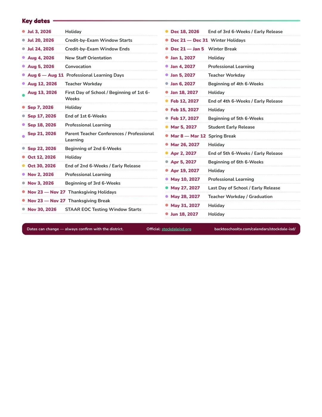 Stockdale ISD Calendar for the Year 26-27 — key dates