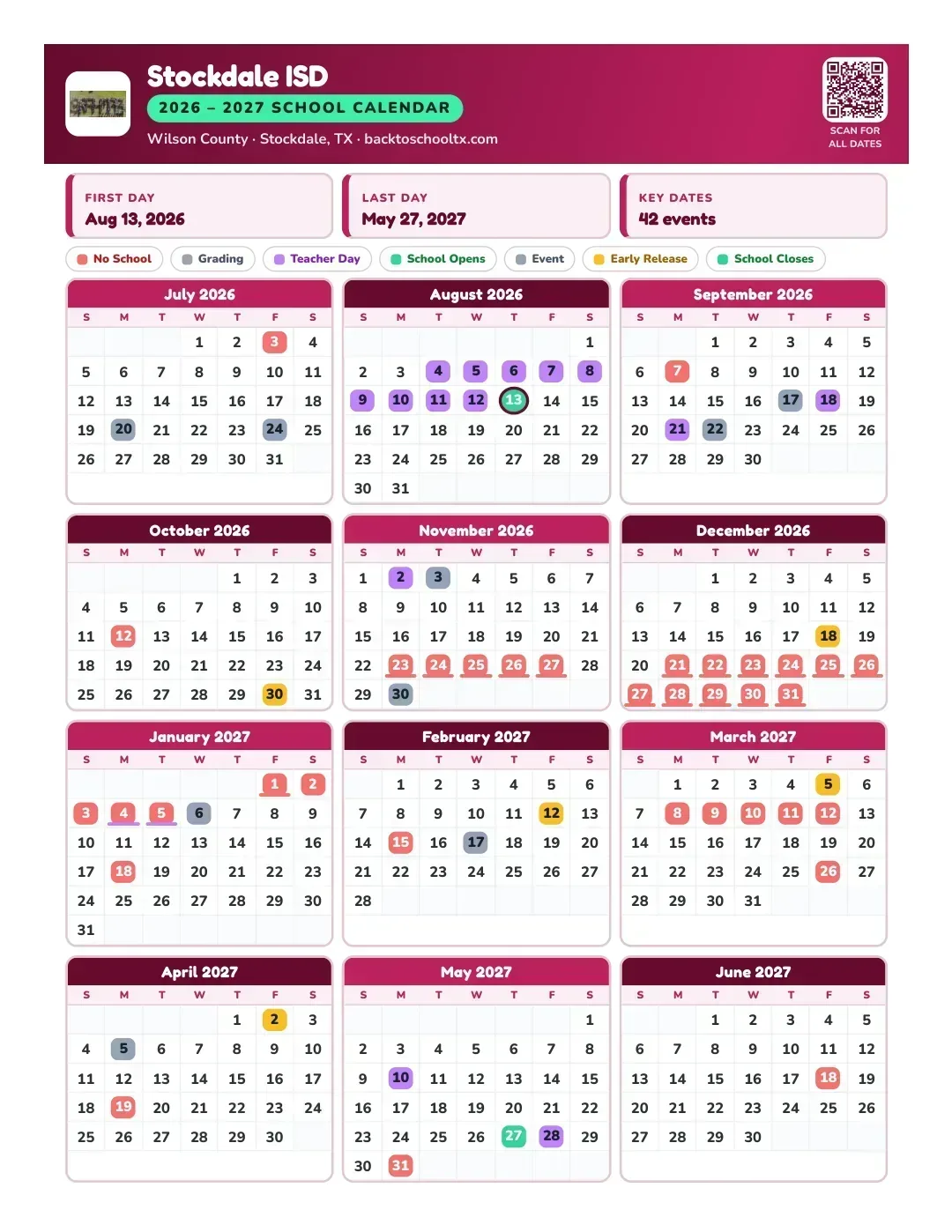 Stockdale ISD Calendar for the Year 26-27
