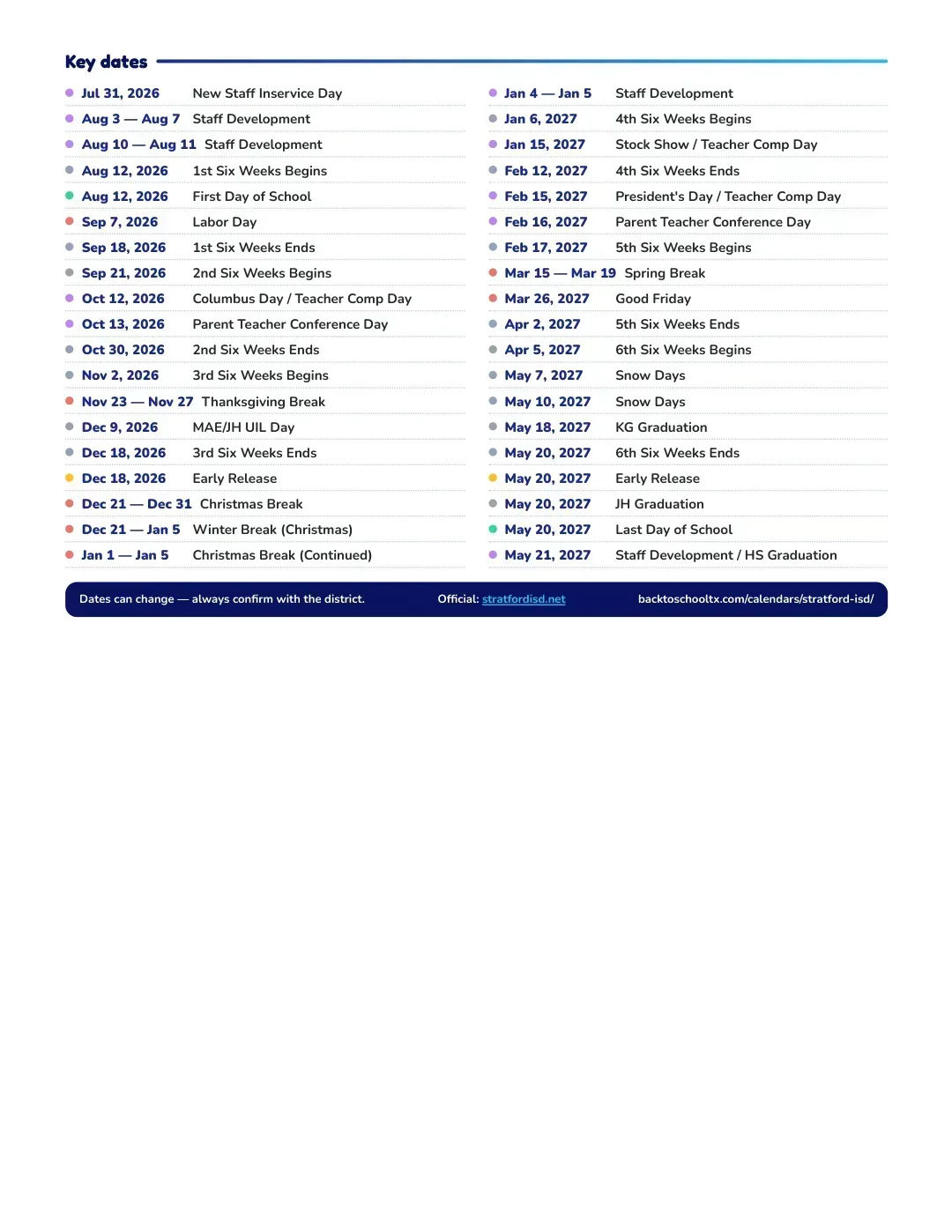 Stratford ISD Calendar for the Year 26-27 — key dates