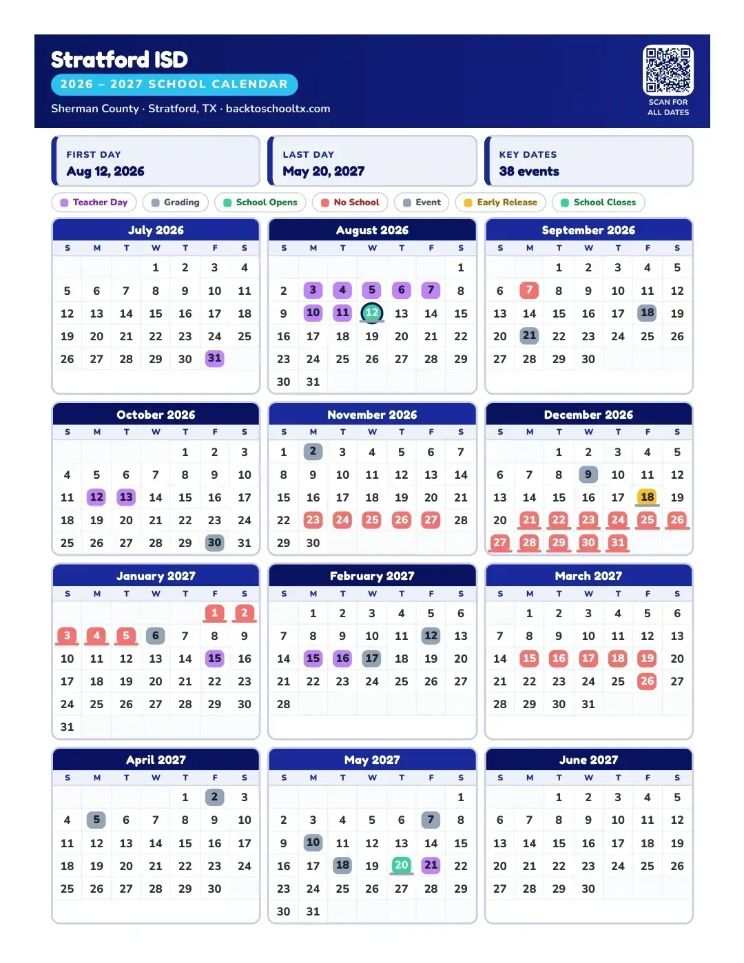 Stratford ISD Calendar for the Year 26-27