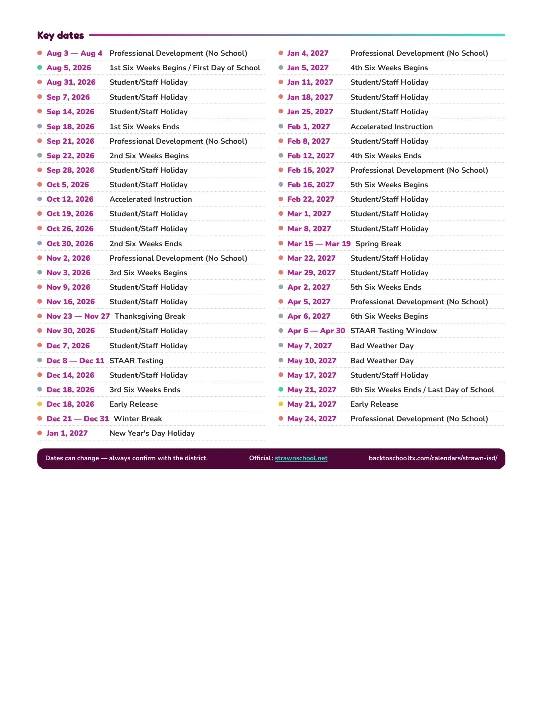 Strawn ISD Calendar for the Year 26-27 — key dates