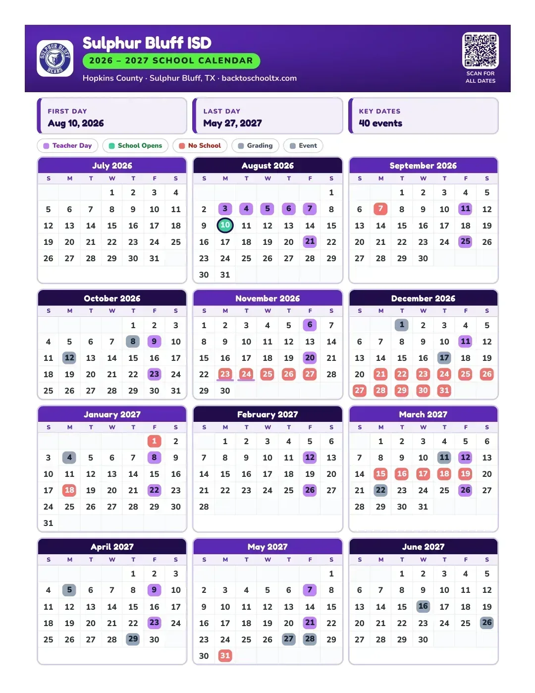 Sulphur Bluff ISD Calendar for the Year 26-27