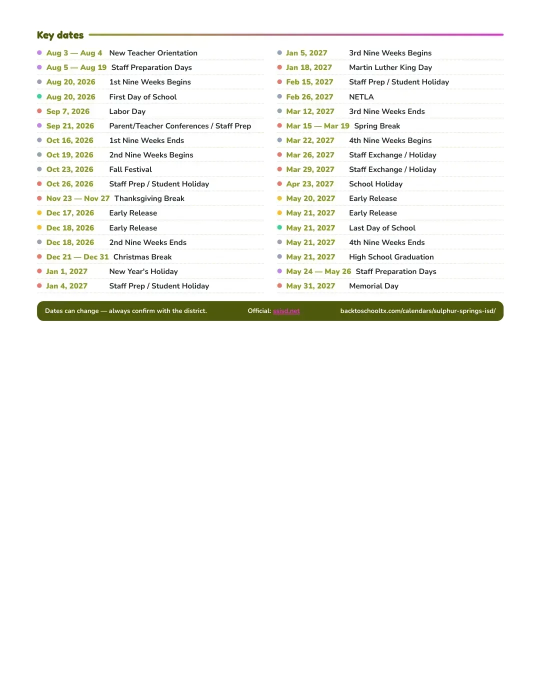 Sulphur Springs ISD Calendar for the Year 26-27 — key dates