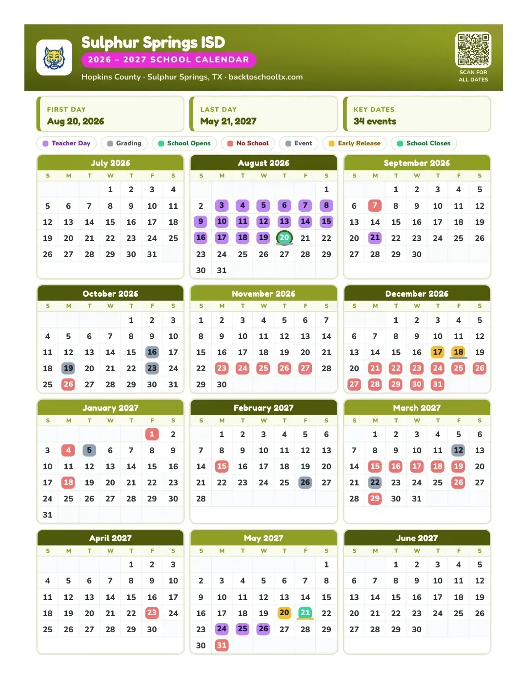Sulphur Springs ISD Calendar for the Year 26-27