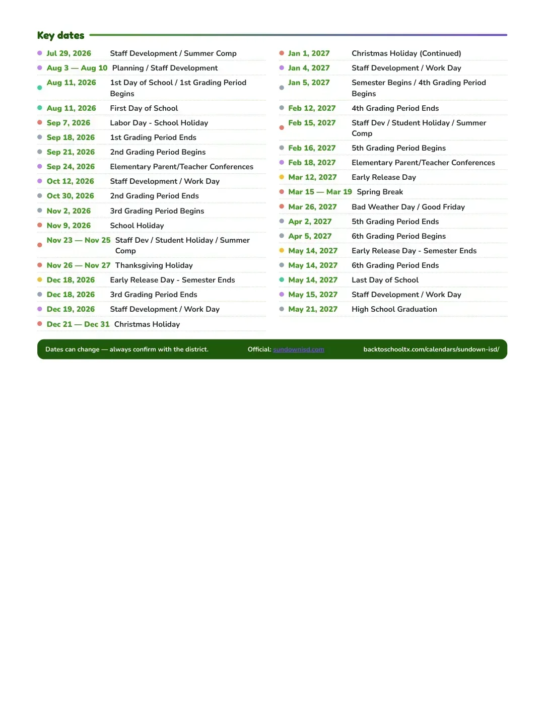Sundown ISD Calendar for the Year 26-27 — key dates