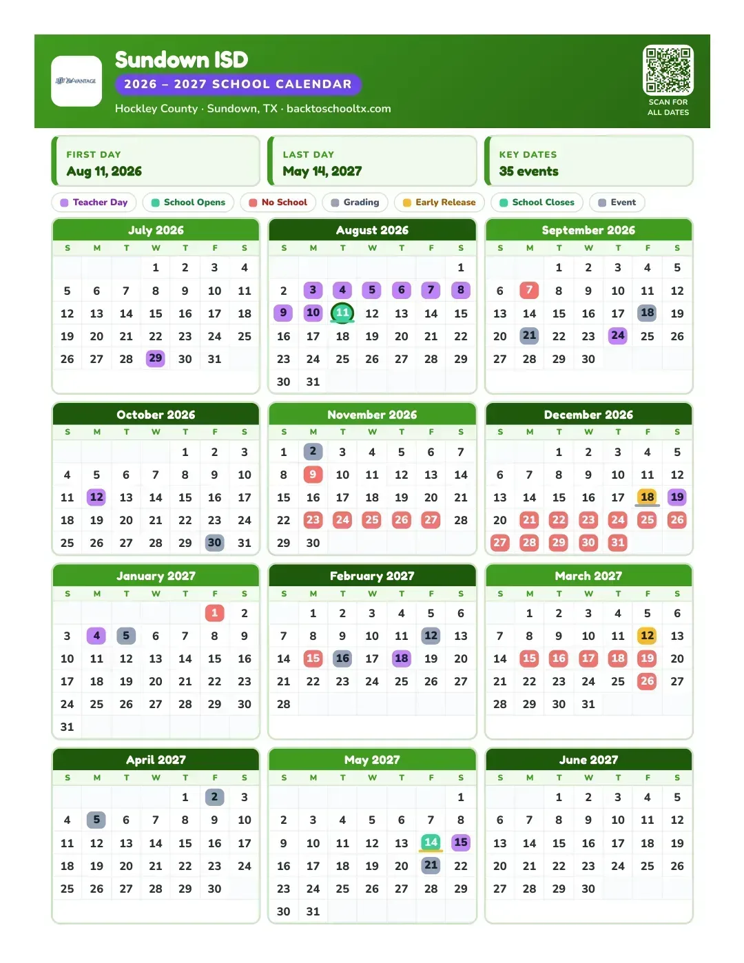 Sundown ISD Calendar for the Year 26-27