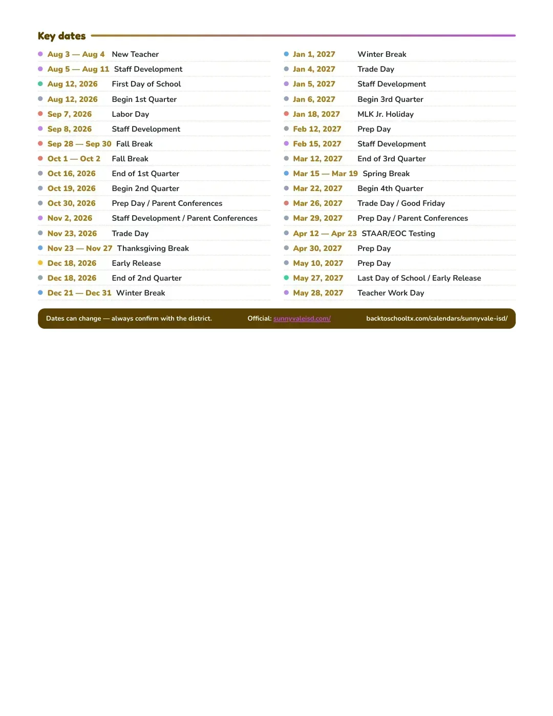 Sunnyvale ISD Calendar for the Year 26-27 — key dates