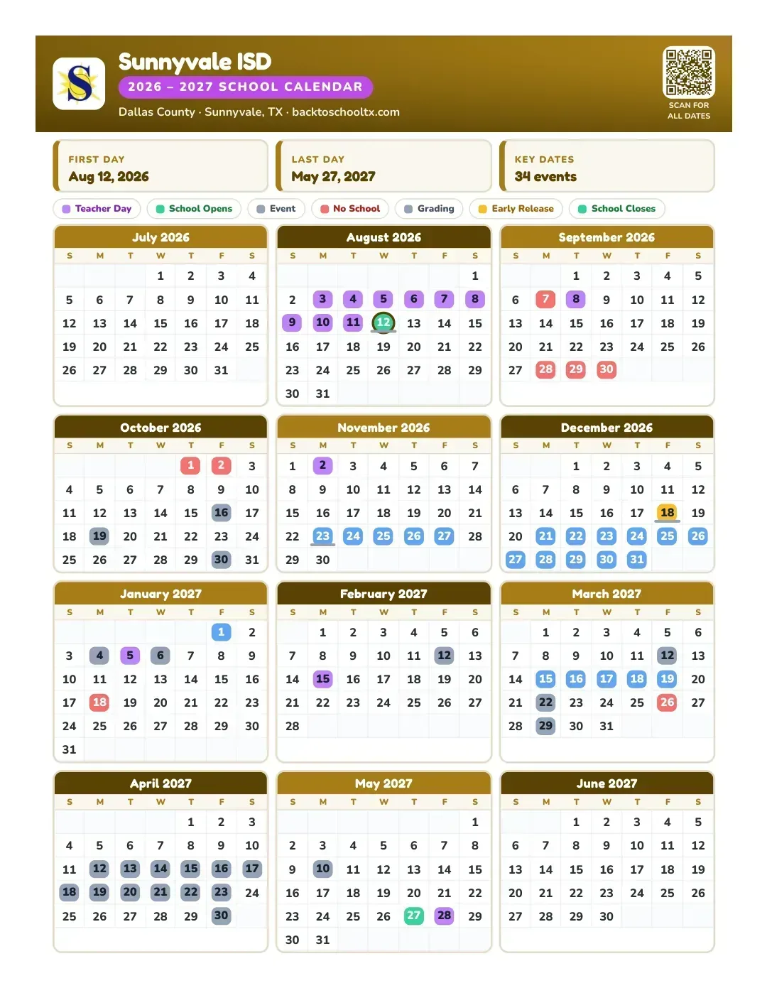 Sunnyvale ISD Calendar for the Year 26-27