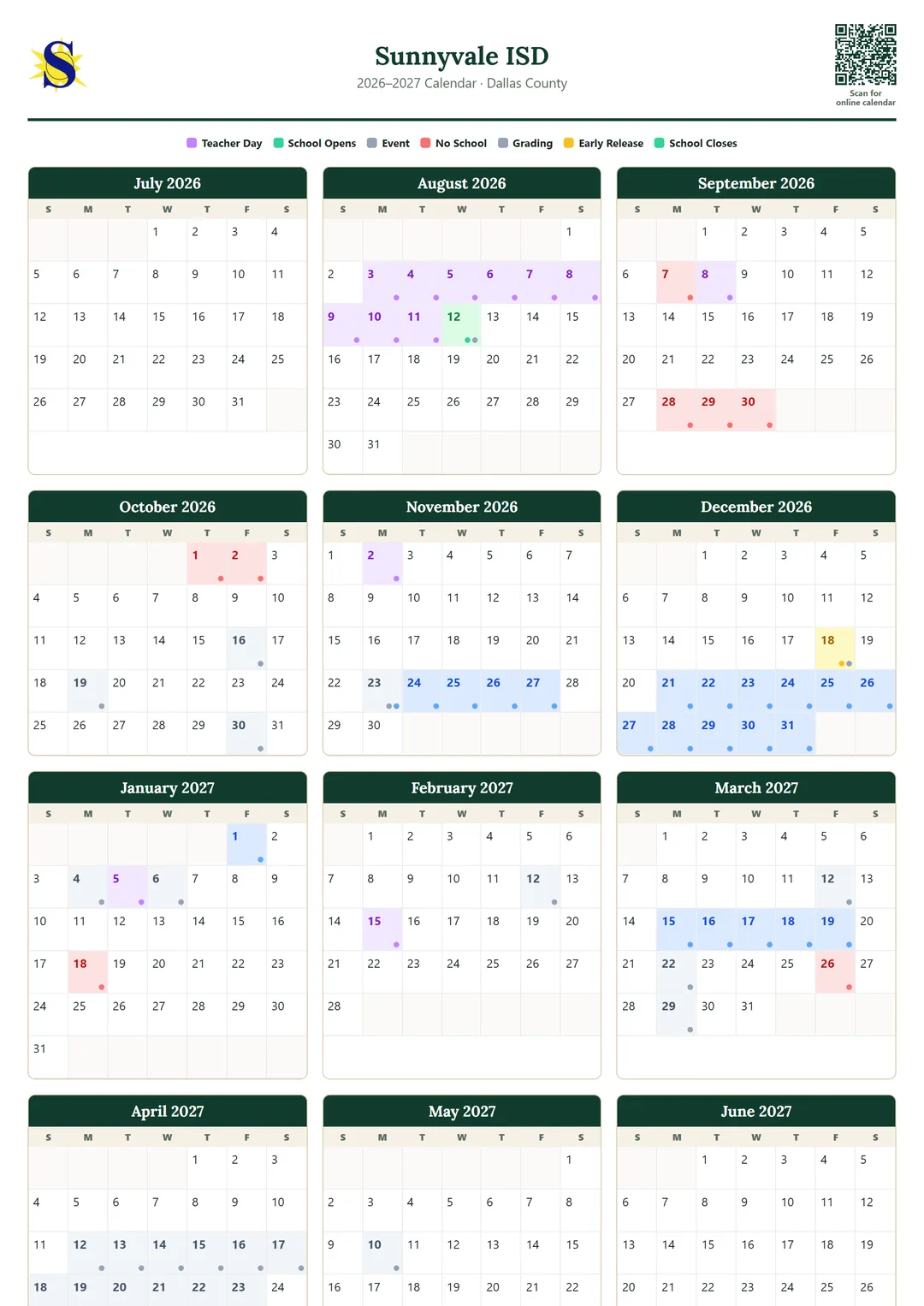 Sunnyvale ISD printable 2026–2027 calendar
