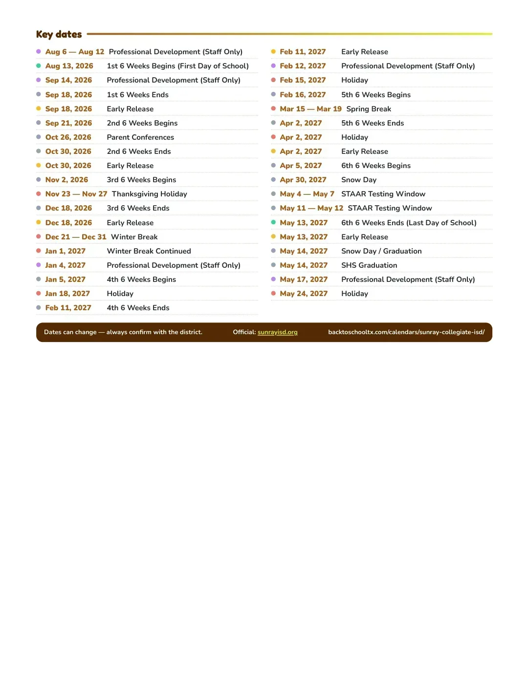 Sunray Collegiate ISD Calendar for the Year 26-27 — key dates