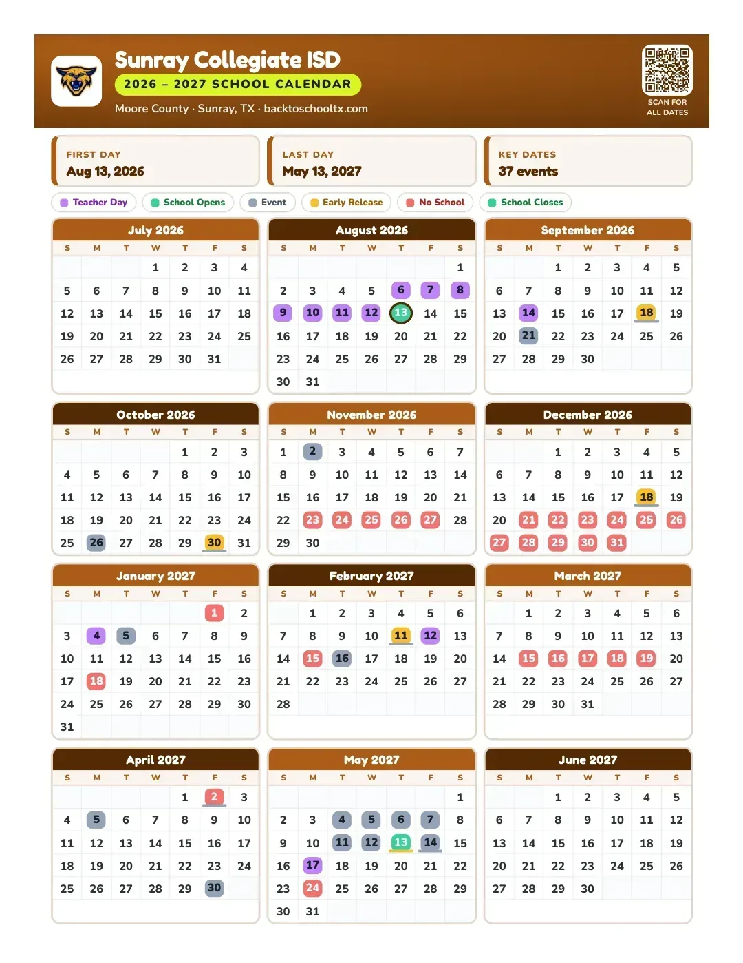 Sunray Collegiate ISD Calendar for the Year 26-27