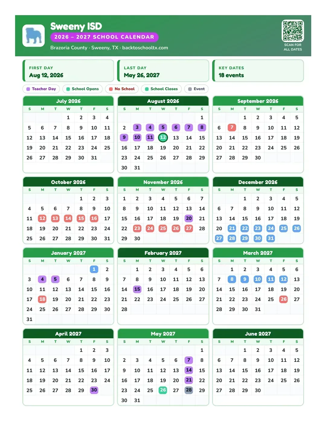 Sweeny ISD Calendar for the Year 26-27