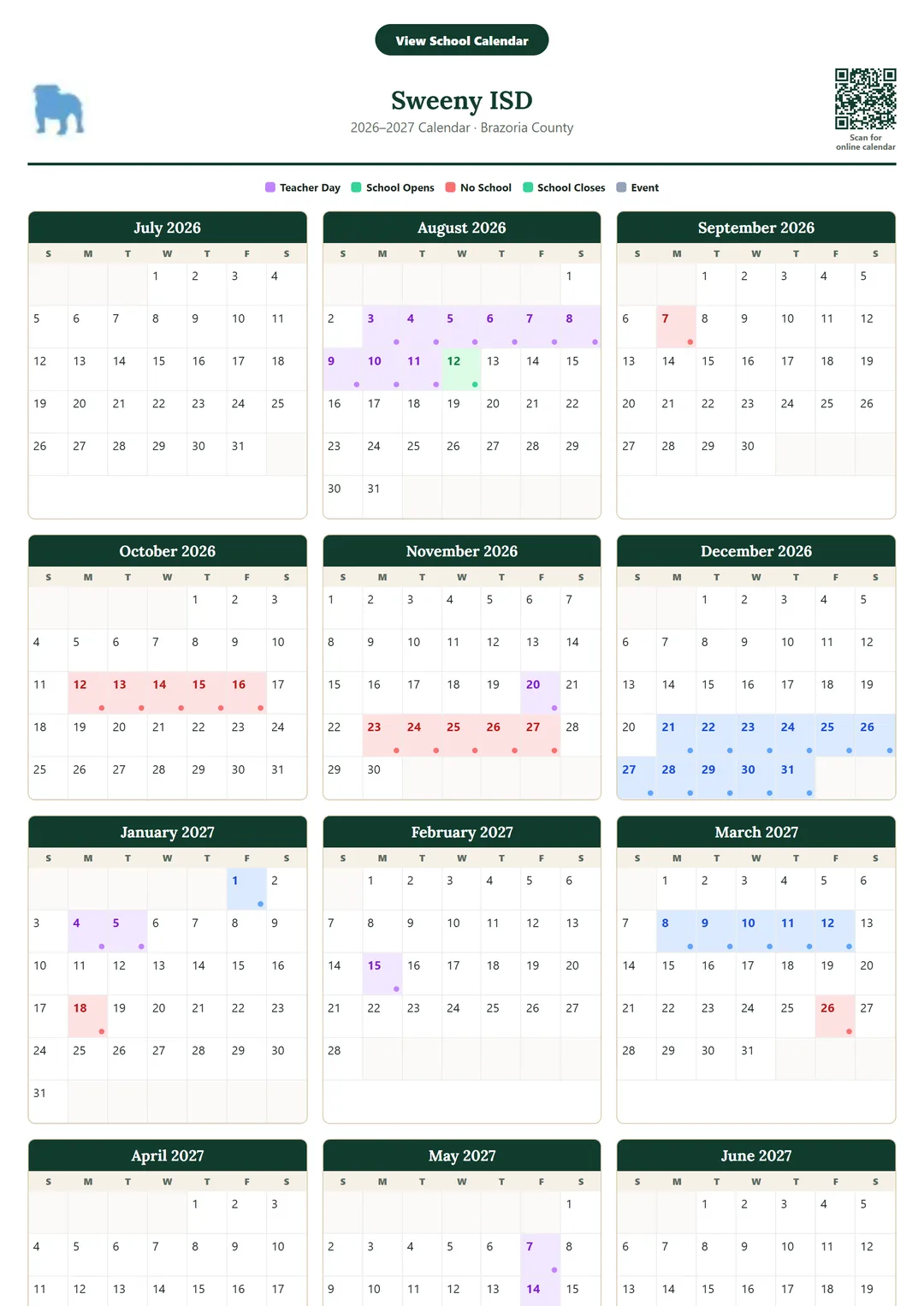 Sweeny ISD printable 2026–2027 calendar