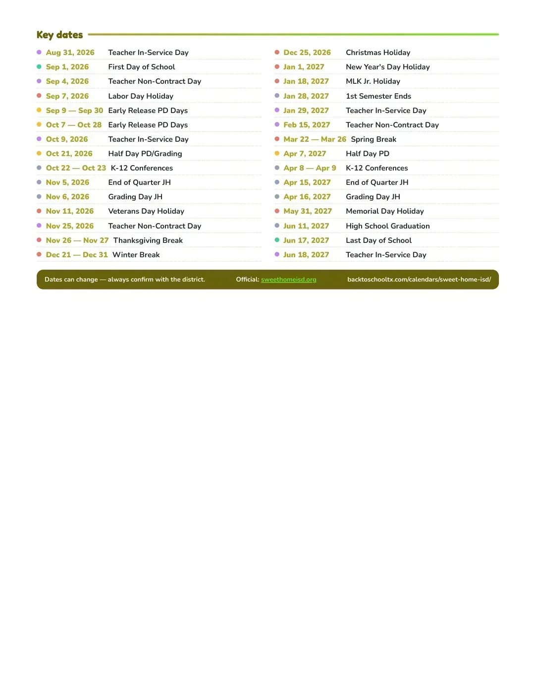 Sweet Home ISD Calendar for the Year 26-27 — key dates