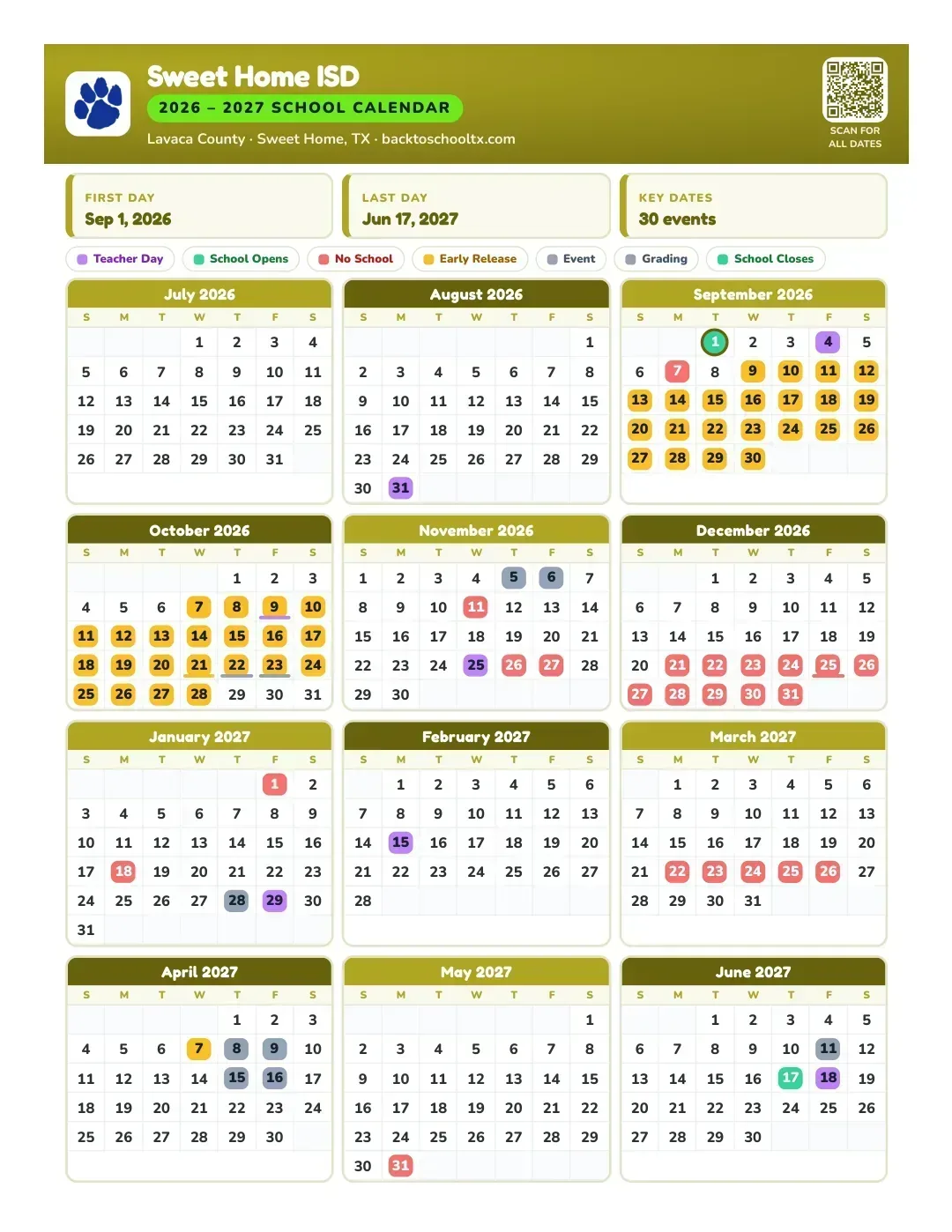 Sweet Home ISD Calendar for the Year 26-27