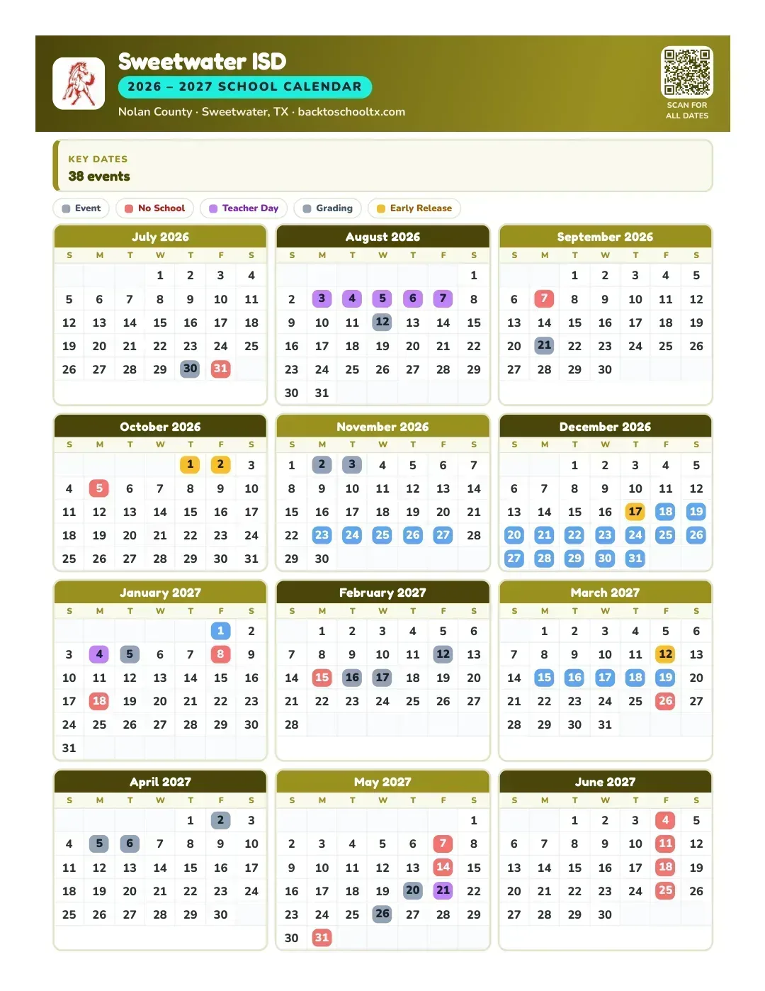 Sweetwater ISD Calendar for the Year 26-27