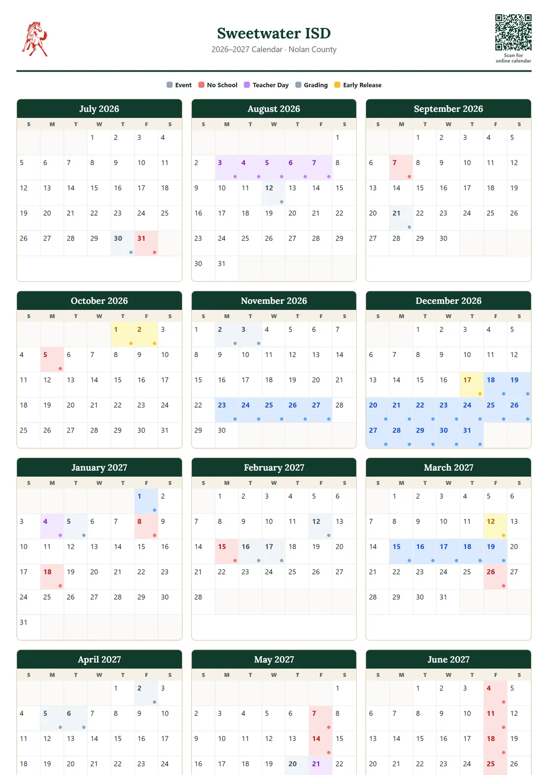 Sweetwater ISD printable 2026–2027 calendar