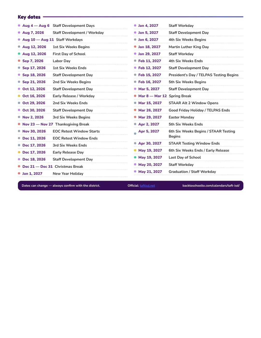 Taft ISD Calendar for the Year 26-27 — key dates