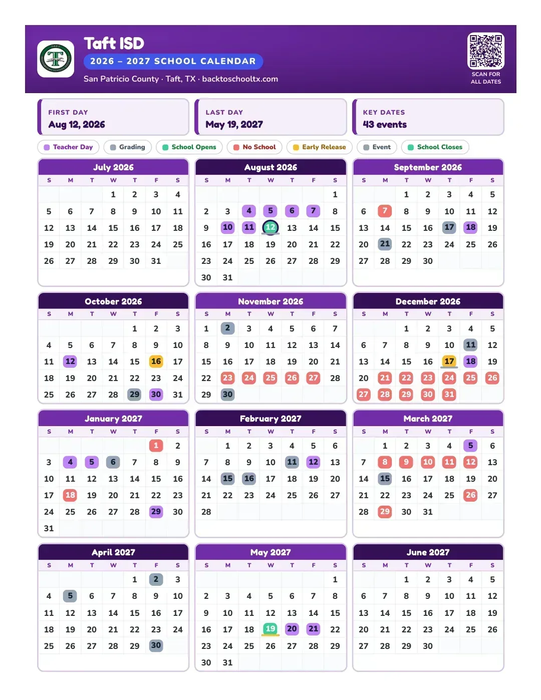 Taft ISD Calendar for the Year 26-27