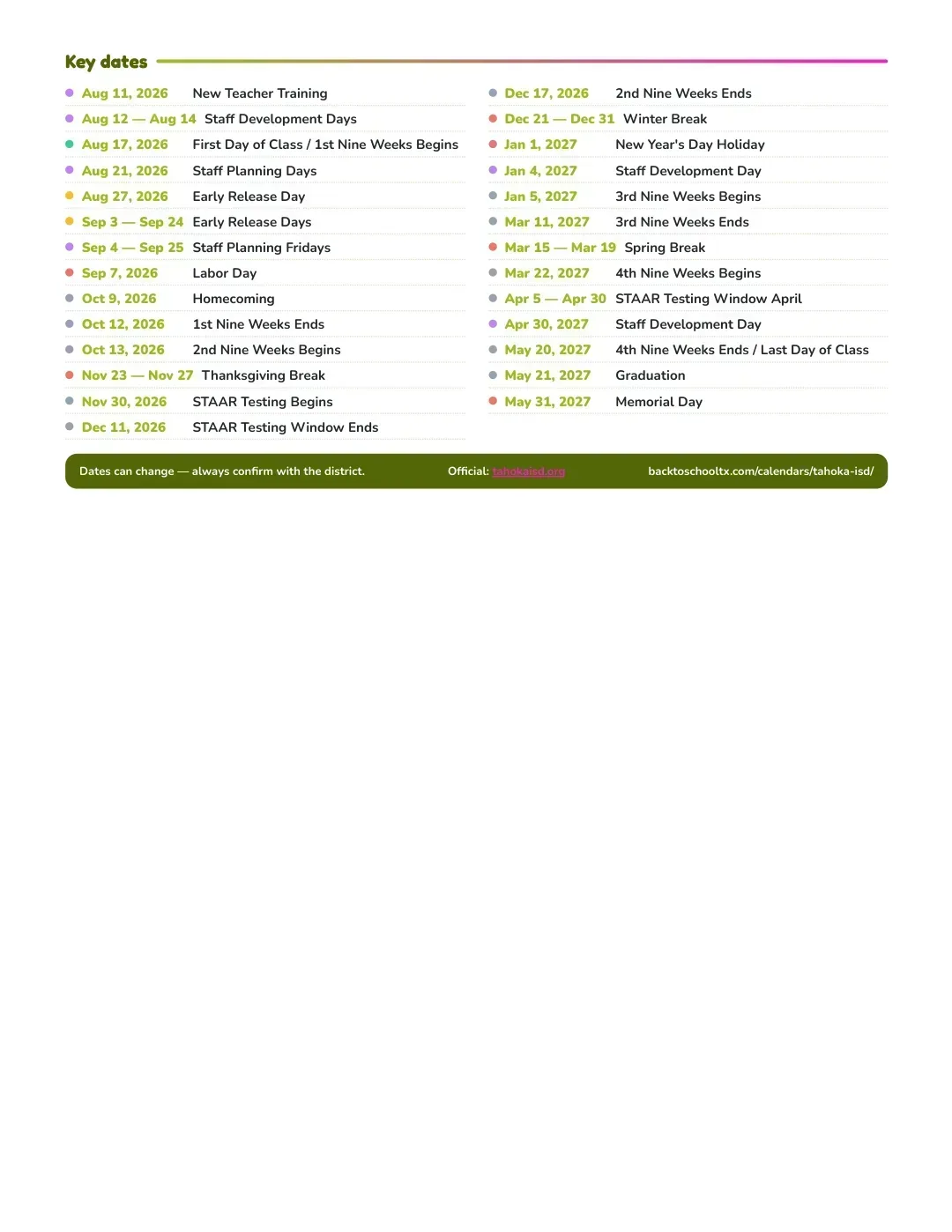 Tahoka ISD Calendar for the Year 26-27 — key dates