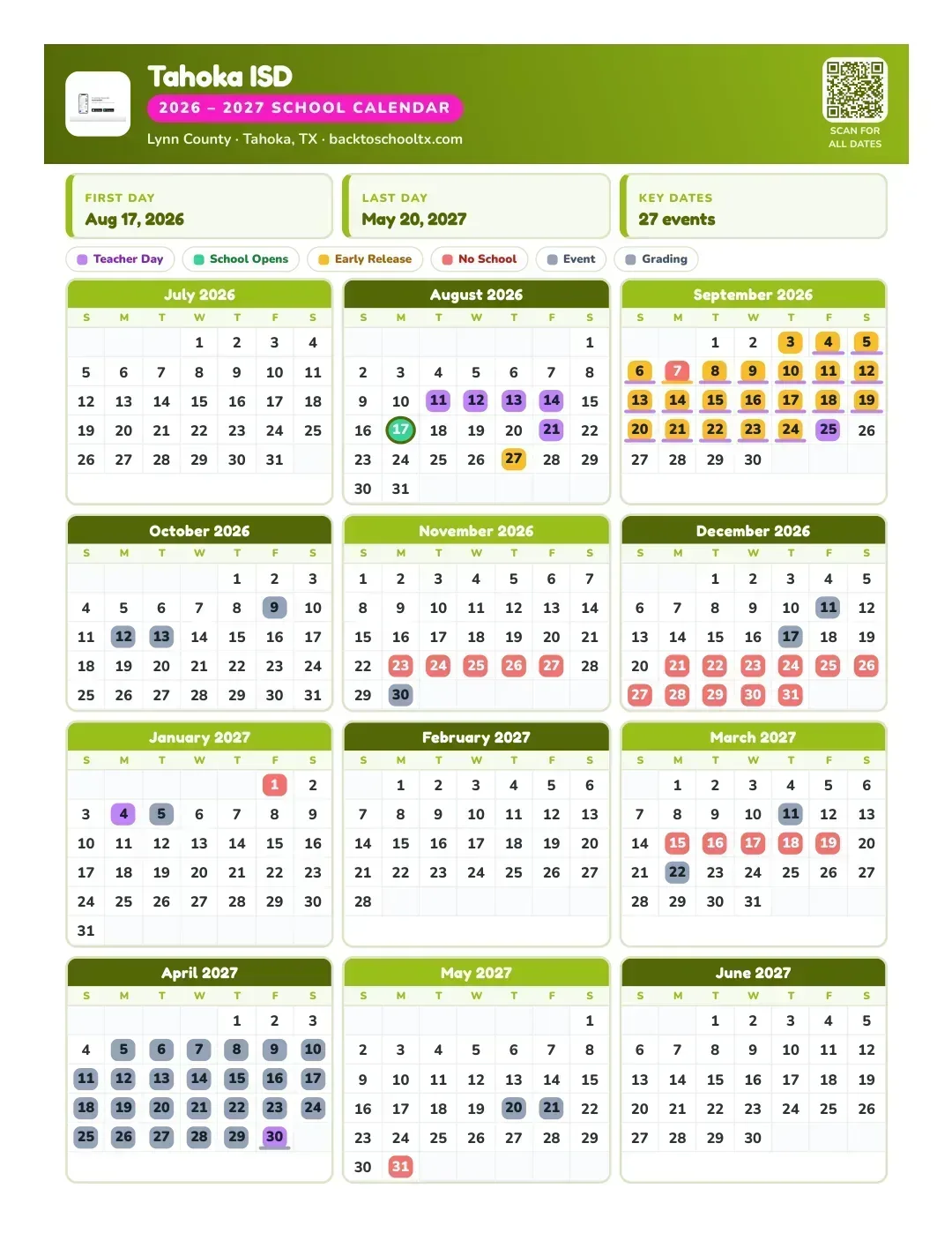 Tahoka ISD Calendar for the Year 26-27