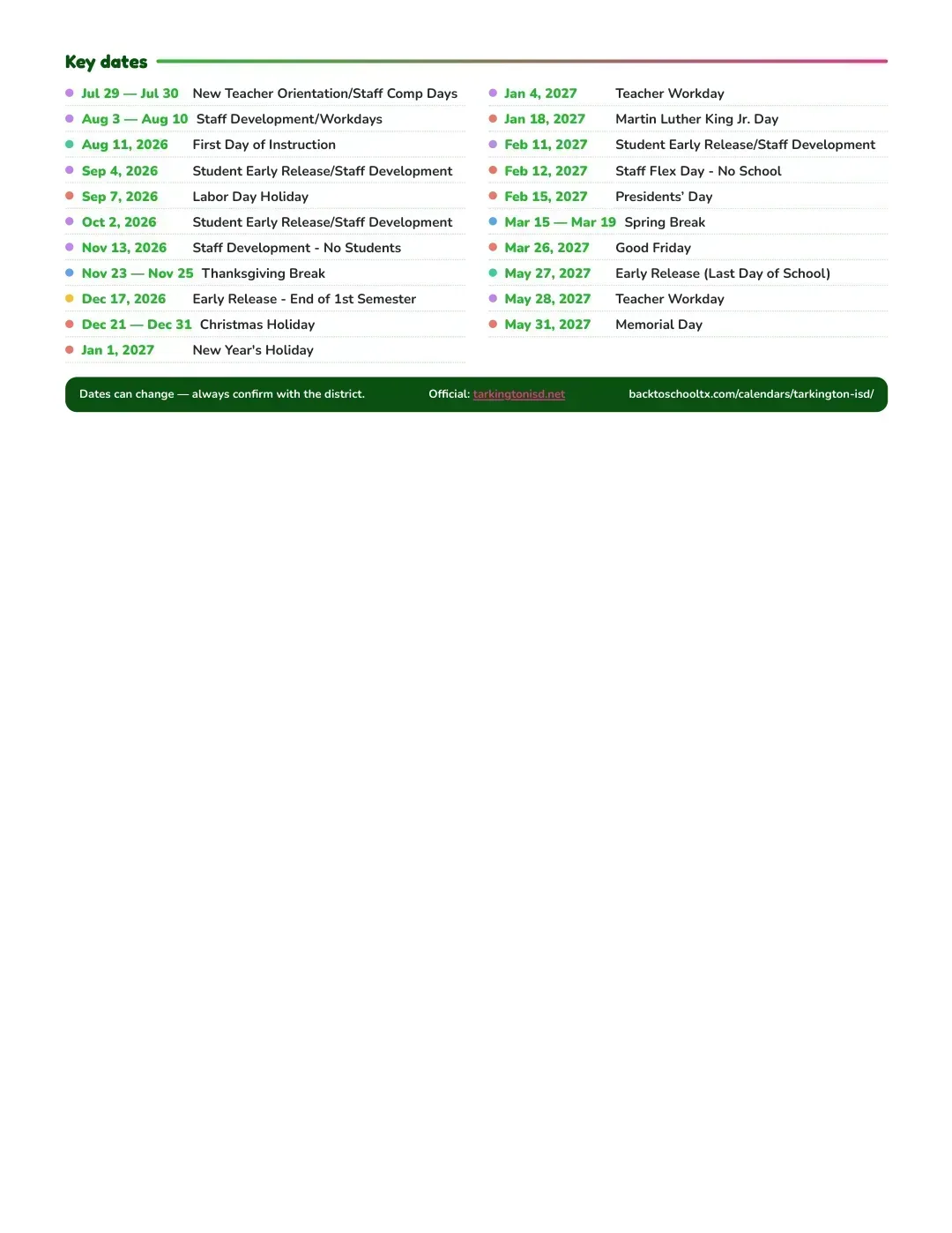 Tarkington ISD Calendar for the Year 26-27 — key dates