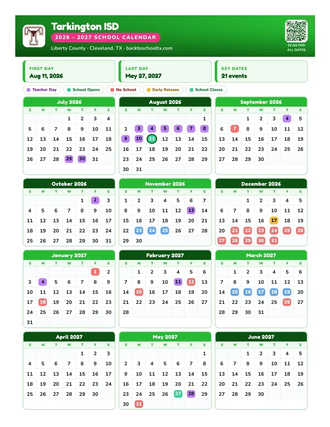 Tarkington ISD Calendar for the Year 26-27