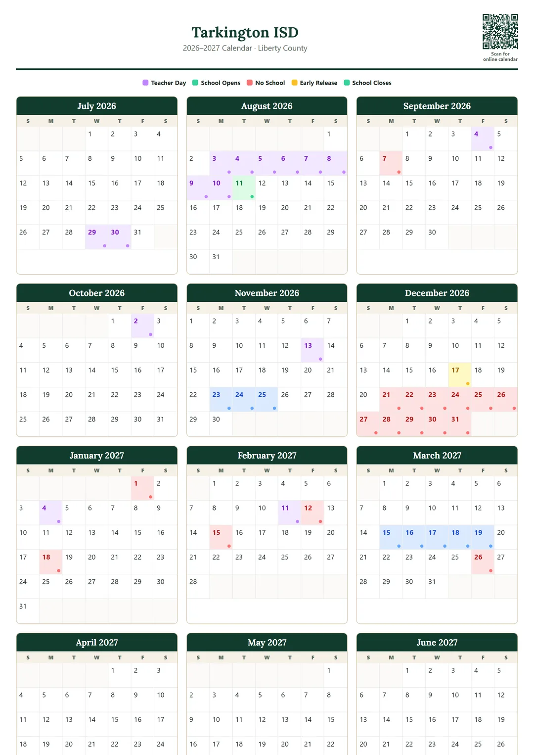 Tarkington ISD printable 2026–2027 calendar