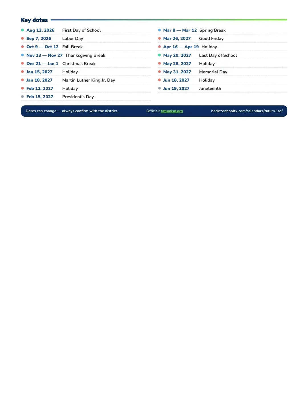 Tatum ISD Calendar for the Year 26-27 — key dates