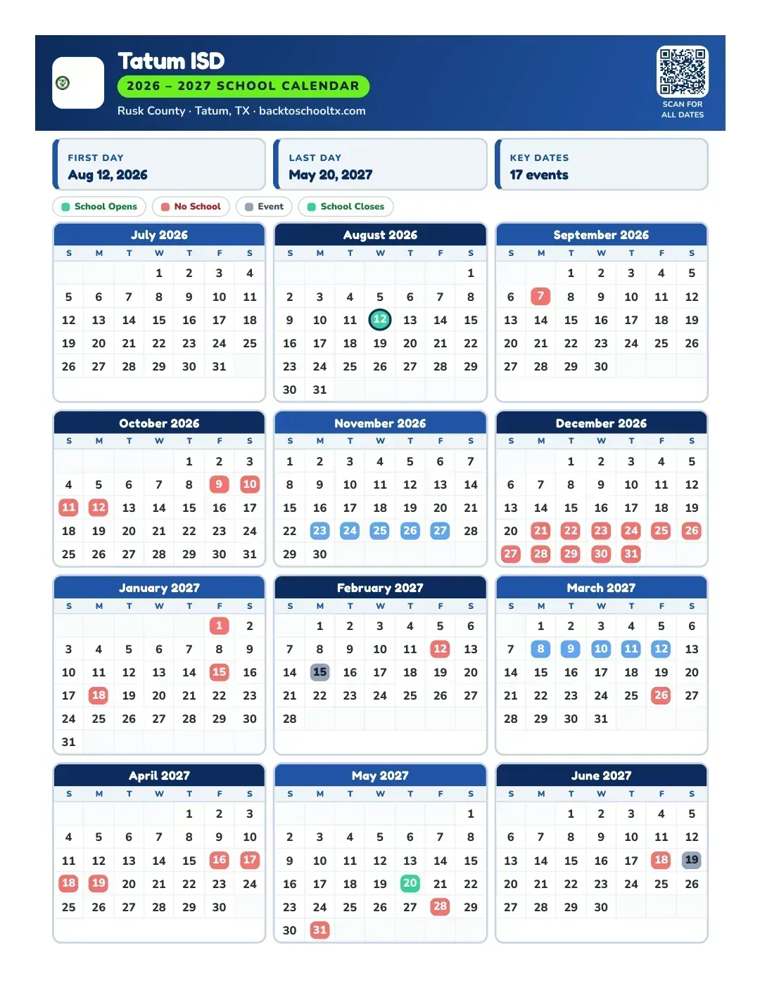 Tatum ISD Calendar for the Year 26-27