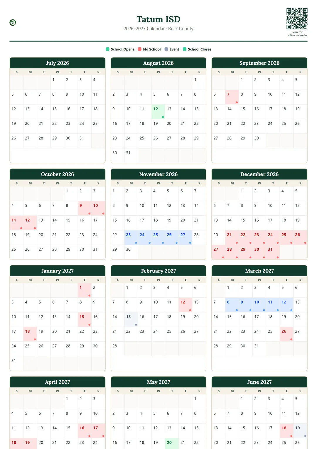 Tatum ISD printable 2026–2027 calendar