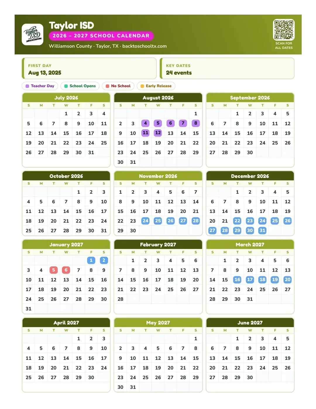 Taylor ISD Calendar for the Year 26-27