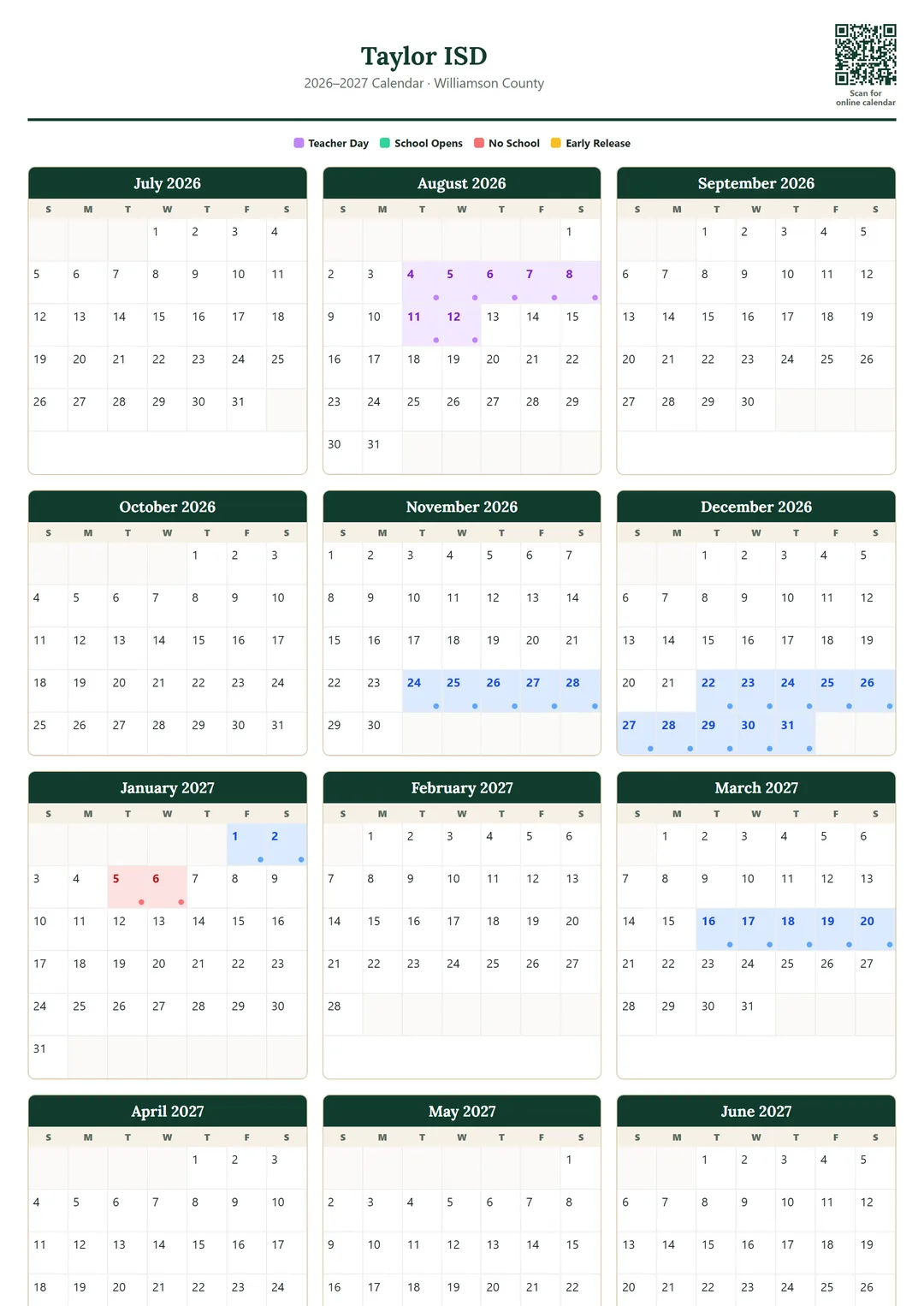 Taylor ISD printable 2026–2027 calendar