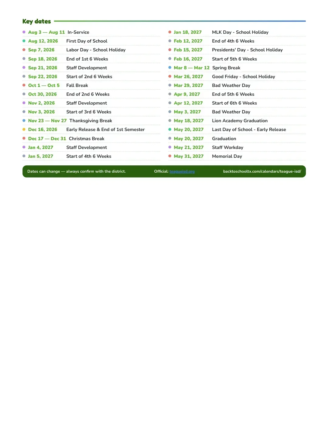 Teague ISD Calendar for the Year 26-27 — key dates