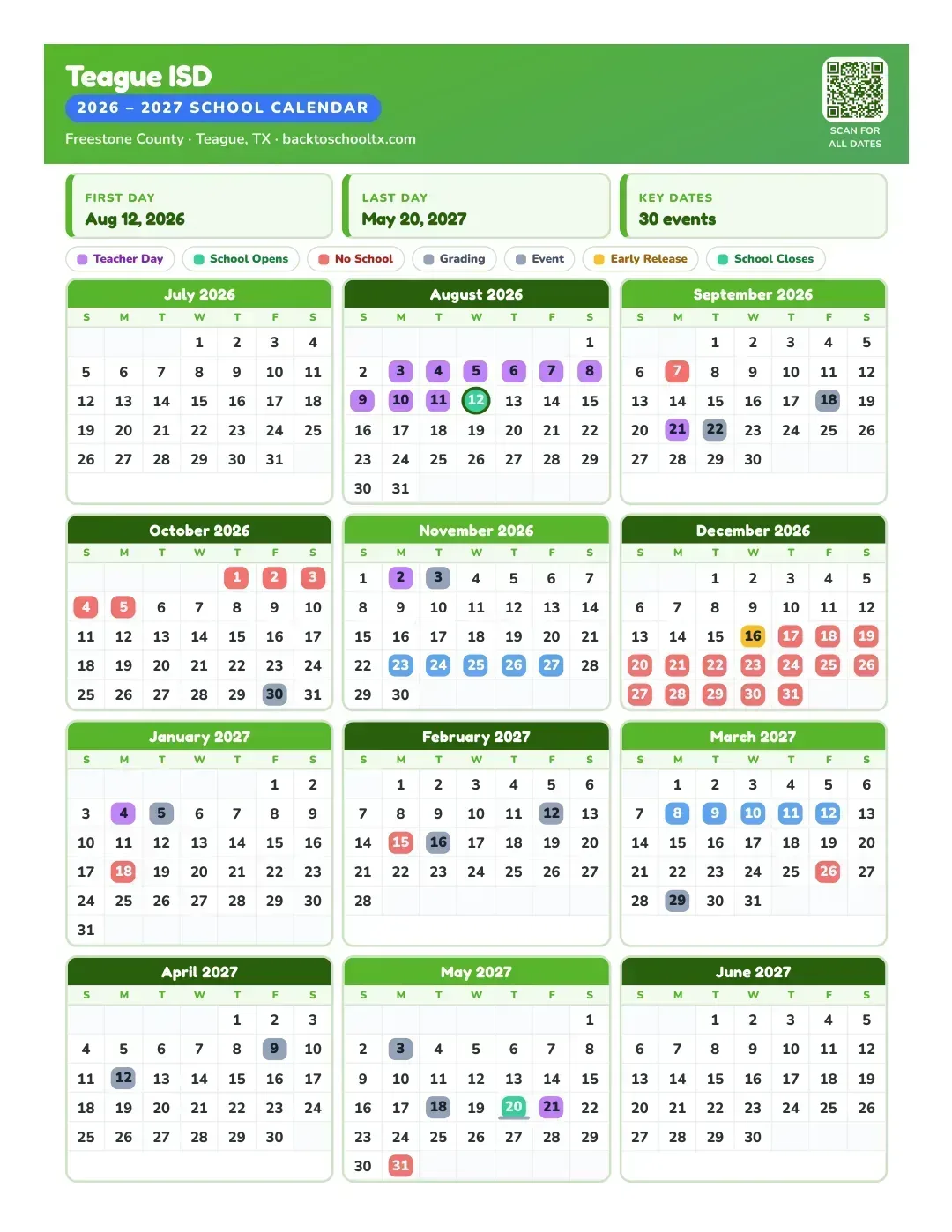 Teague ISD Calendar for the Year 26-27